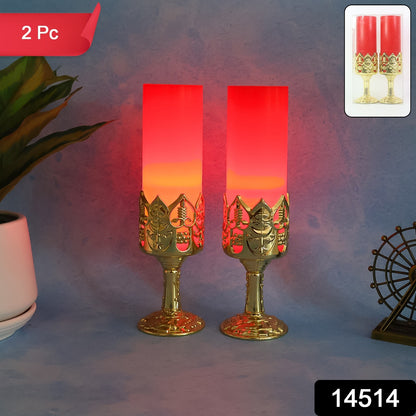 Decorative Led Candle Light Lamps With Golden Stand  (2 Pc)